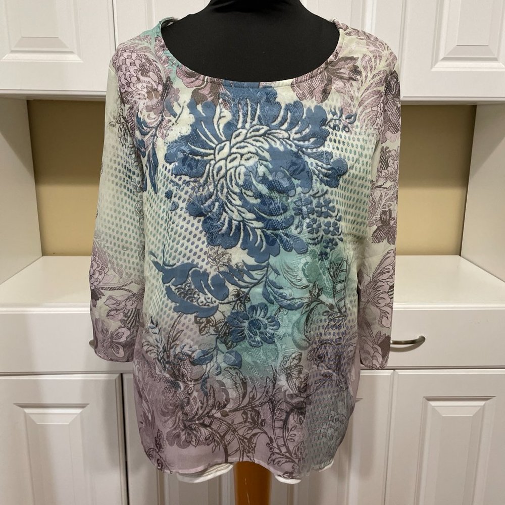 Chico's Size 2 Top Blouse Women Semi Sheer Two Toned Floral and Stripes Layered